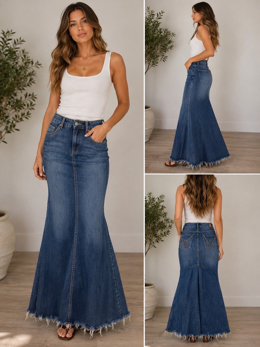 : Vintage Bebe Denim Maxi Skirt Size 27 Y2K Low Rise Distressed Frayed Beaded